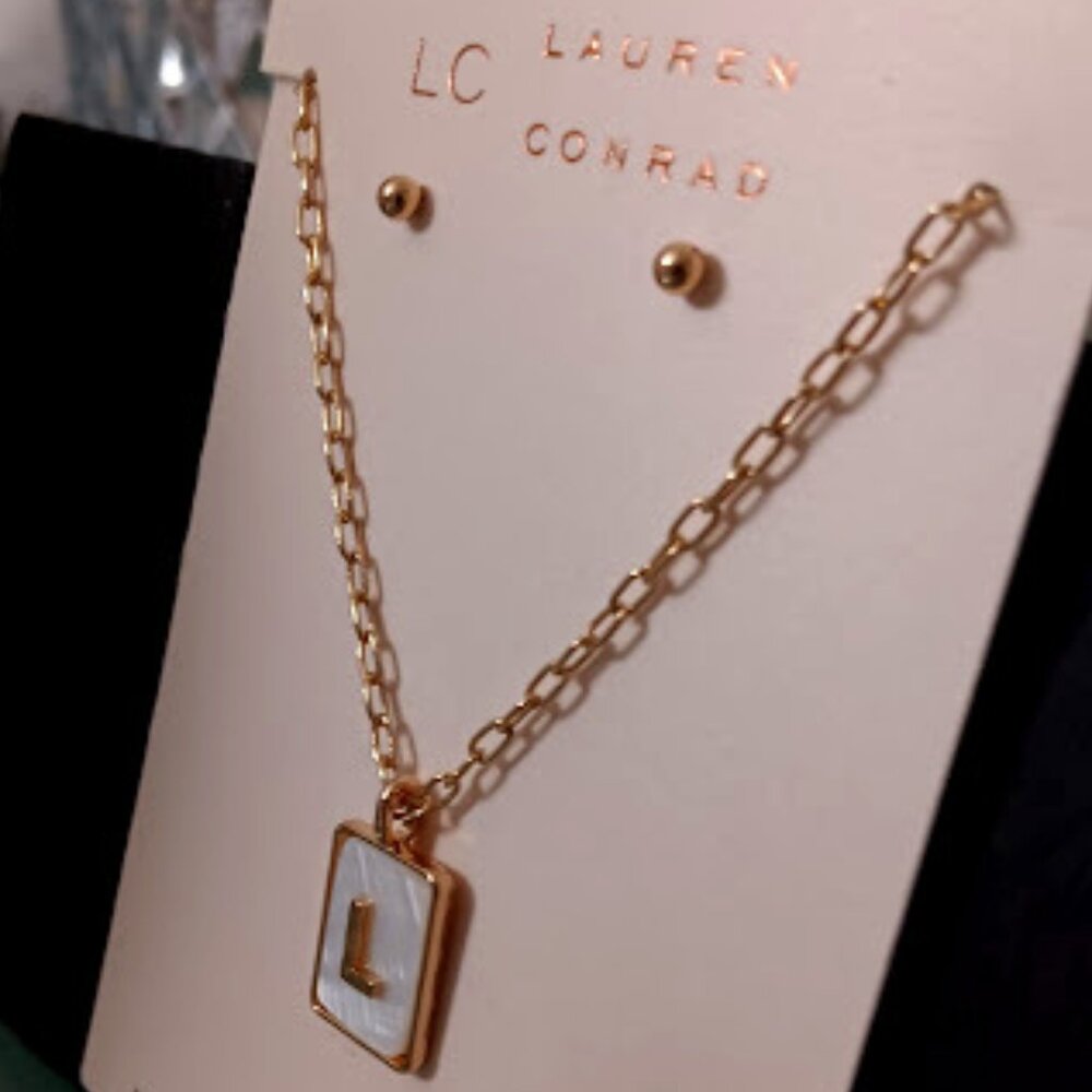 LC LAUREN CONRAD 2pc SET Gold Mother of Pearl 'L' Initial Necklace/Stud Earrings